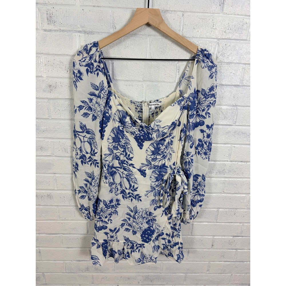 Reformation Cammi Dress Womens 8 Blue White Floral Cherry Puff Sleeve Mini